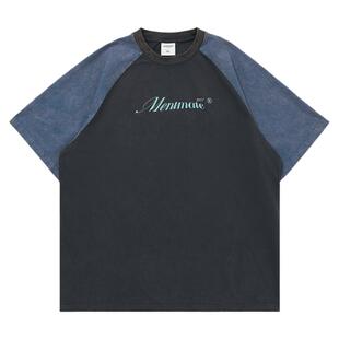 Mentmate 日系古着感灰蓝水洗插肩袖T恤衫男 宽松百搭休闲短袖夏