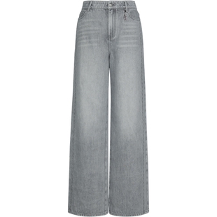 宝姿PORTSPURE女装2026早春新品金属logo牌波浪侧缝直筒灰牛仔裤