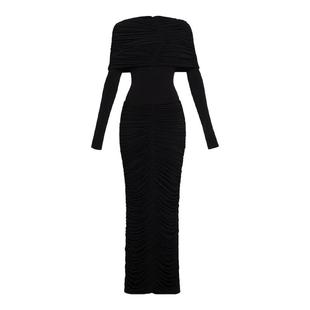 越南小众设计师气质针织弹力褶皱长裙晚宴礼服女一字肩长袖连衣裙