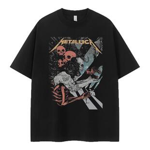 Metallica金属乐队复古美式街头小众vtg落肩宽松纯棉摇滚短袖T恤