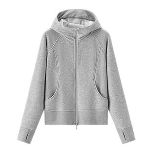 森马外套女冬季分割插肩袖紧身抓毛连帽2025新款显瘦休闲时尚夹克