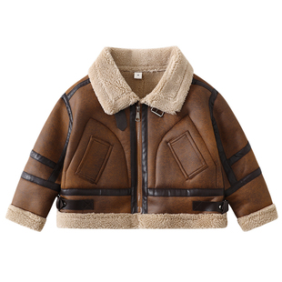 男童皮毛一体外套秋冬款儿童冬装麂皮绒加绒加厚羊羔绒皮衣夹克潮