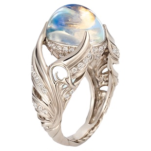 Young热卖天使翅膀满钻镶嵌月光石戒指女欧美微镶锆石订婚指环女