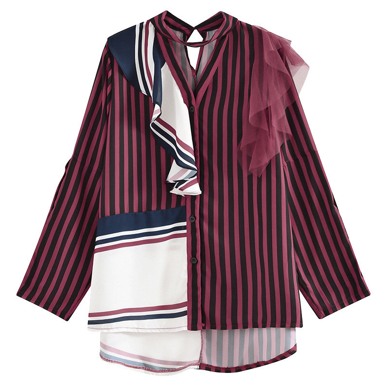 古力娜扎明星同款酒红条纹法式轻奢不规则衬衫显瘦气质雪纺上衣女