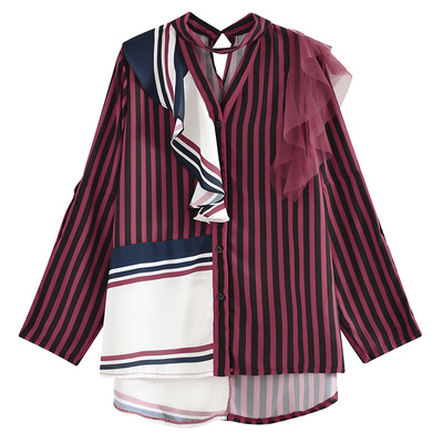 明星同款酒红条纹轻奢不规则衬衫