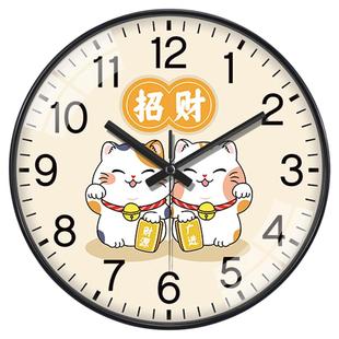 新中式招财猫挂钟客厅家用免打孔卡通大气时钟挂墙电波钟表通用