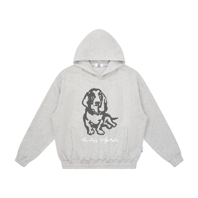 EMPTY REFERENCE 编织质感麻灰手绘小狗印花宽松休闲打底连帽卫衣
