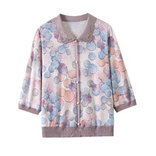 妈妈春装新款翻领小衫宽松T恤套装中老年女春夏冰丝薄款中袖上衣