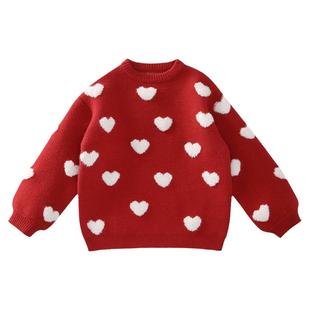 女童中长款毛衣女宝宝洋气针织衫外穿冬装2025新款小女孩红色毛衣