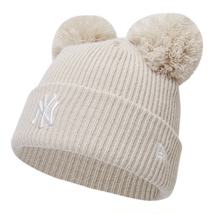 New Era纽亦华2025冬季新款MLB双绒球针织猫耳朵毛线帽NY刺绣保暖