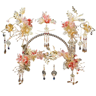 中式新娘红色圣女冠秀禾服头饰中式新娘结婚发饰饱满后压新款后压