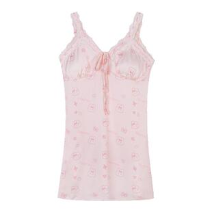 馨帮帮Homedress 纯欲带胸垫系带冰丝睡衣女夏中长款吊带家居睡裙