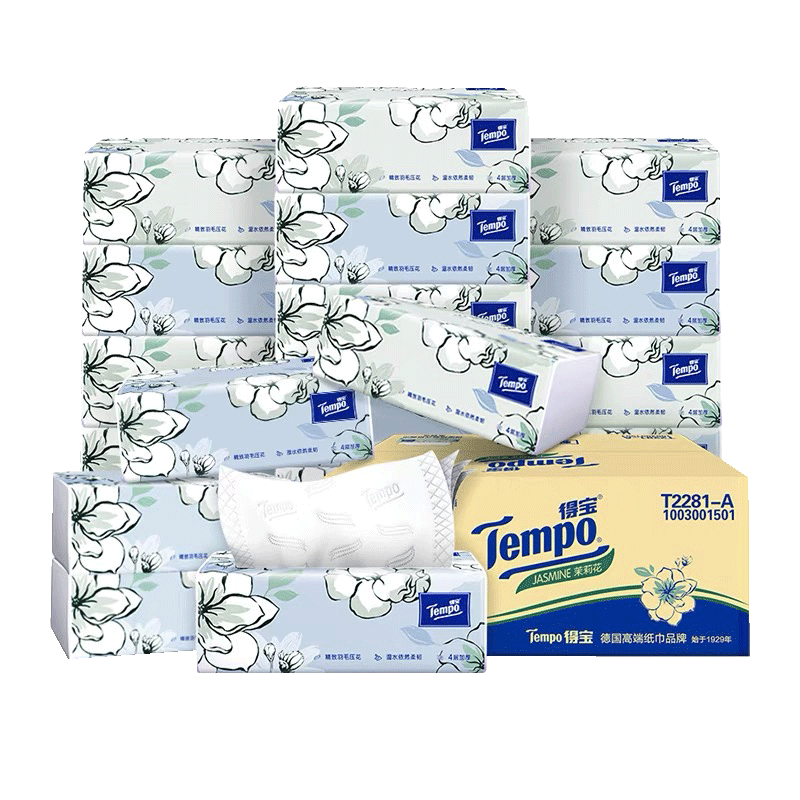 tempo得宝抽纸16包整箱装茉莉花香味软抽面巾纸4层家庭实惠餐纸巾