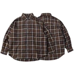 实年服工SC147新款宽松落肩翻领长袖格子衬衫长绒棉纯棉上衣潮男