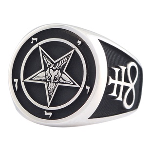 暗黑神秘倒五芒星羊头艺术浮雕小众个性潮流定制S925纯银男士戒指