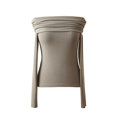 popchrio一字领露肩修身长袖T恤