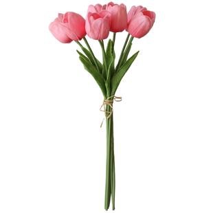 高档PU郁金香仿真花束假花摆件客厅餐桌茶几装饰品白粉色摆拍道具