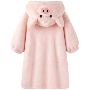 【设计师款】睡袍冬季连帽小猪加厚珊瑚绒女款睡衣冬天新款家居服