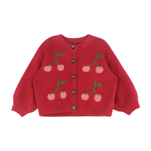 大耳象女童樱桃毛衣开衫冬季新款宝儿针织休闲厚保暖节日感上衣