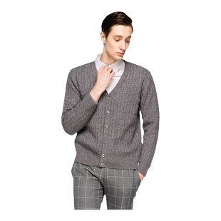 圣雪绒100%山羊绒男V领复古绞花休闲粗针加厚针织开衫