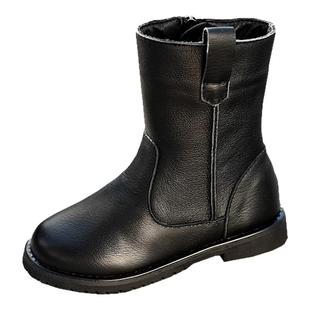 贝然真皮黑色男女童靴子中筒儿童马丁靴秋冬长筒靴中大童皮靴棉靴