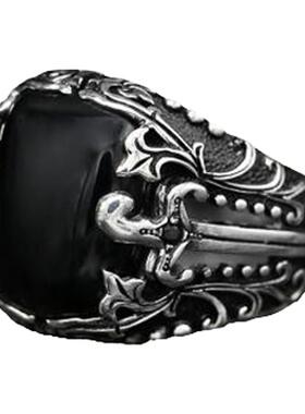 纯银复古黑色玛瑙叶子剑戒指镶嵌