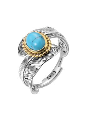印第安风羽毛镶石开口戒指女 925纯银复古做旧个性嘻哈单身男指环