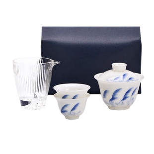 天福茗茶彼物茶具青花手绘芦苇旅行组 泡茶盖碗组1茶海2杯