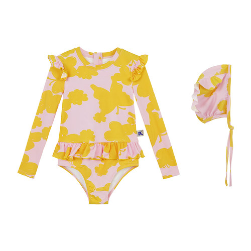 pocoblush原创设计蝴蝶日记儿童长袖防晒小公主连体泳衣女童泳装