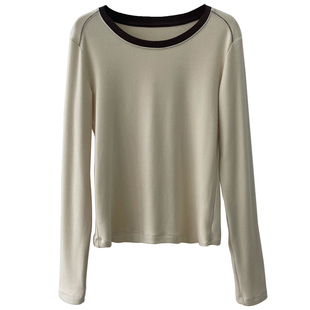软糯双面德绒撞色内搭打底衫女秋冬长袖正肩T恤低圆领锁骨上衣