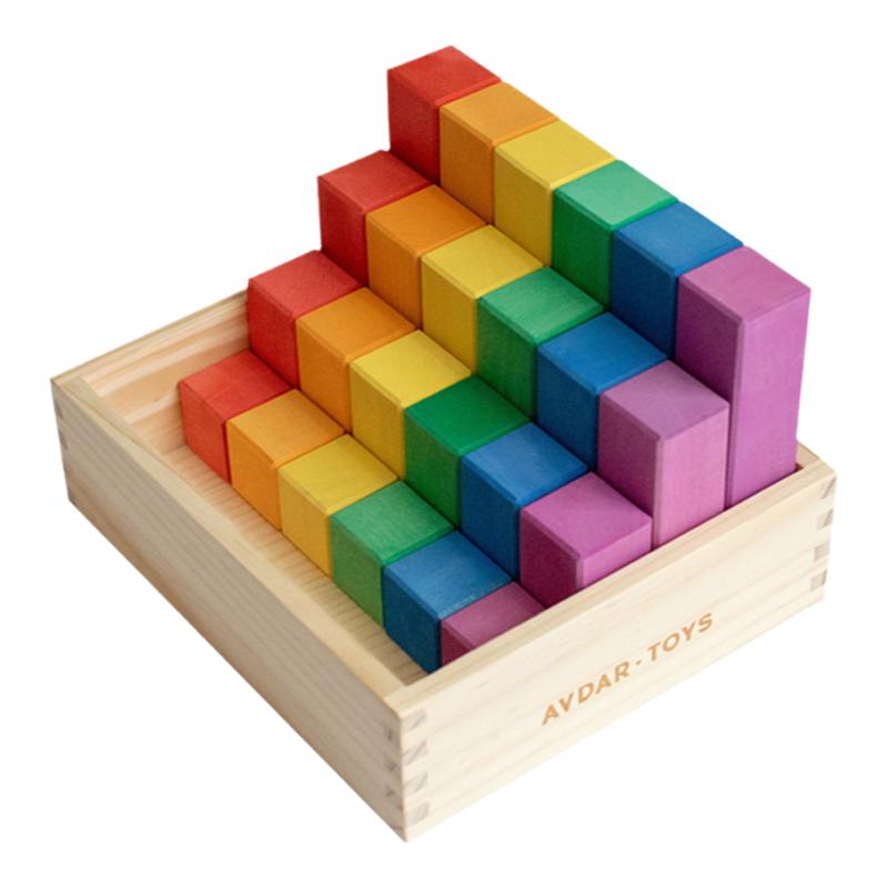 AVDAR彩虹椴木实木方块儿童益智玩具早教拼搭建宝宝礼物6色24块