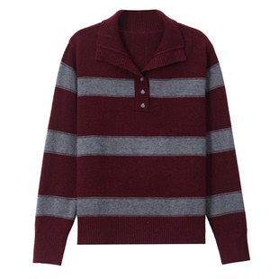 2025秋冬新款黑绿条纹半高领毛衣女 纽扣装饰修身显瘦针织衫上衣