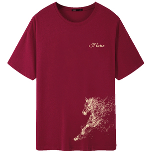 TEEK2026夏季酒红色短袖T恤男 骏马奔腾拜年马年本命年红色上衣服