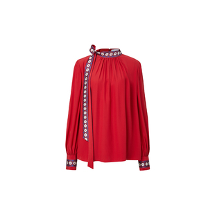 HUI卉王艳同款双绉桑蚕丝非遗长角苗绣领袖长袖银珠色真丝衬衫