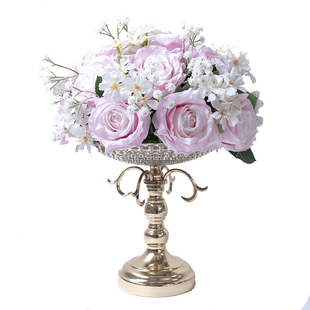 婚礼装饰桌面摆件花瓶花艺 玫瑰满天星仿真假花成品圆球桌花花艺