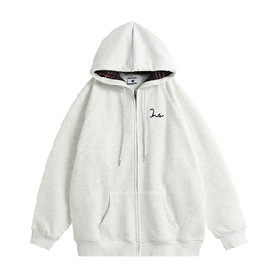 INSstudios 国潮牌情侣美式拼接格子假两件卫衣宽松加绒开衫外套