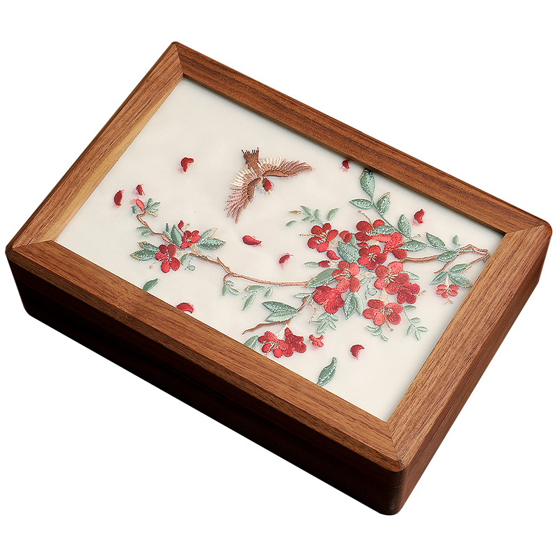 实木刺绣首饰盒收纳盒胡桃木质新中式黄金结婚新婚礼物中国风饰品