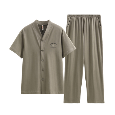 芬腾纯棉睡衣男夏季短袖长裤薄款