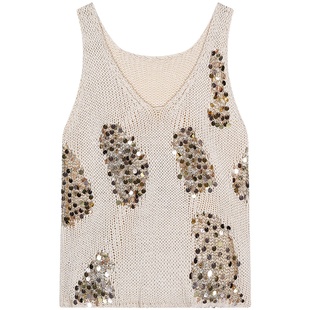 今屿花花 米色v领针织衫女夏季新款毛衣宽松镂空上衣薄款无袖亮片