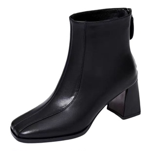 品牌真皮高跟方头小短靴女2025新款英伦复古秋冬加绒粗跟马丁靴子