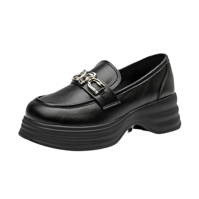 大东官方正品黑色厚底圆头小皮鞋