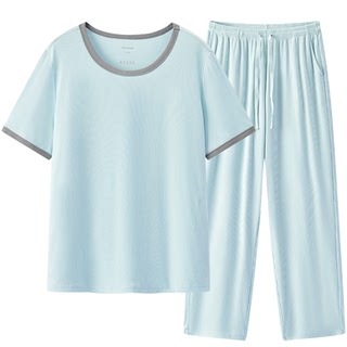 松山棉店小薄荷睡衣女短袖假两件冰丝带胸垫情侣家居服套装夏薄款