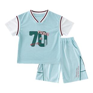 男童运动套装夏季速干短袖t恤2026新款中大儿童假两件篮球服夏装