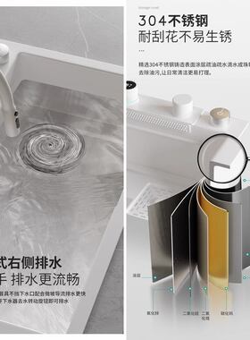 白色水槽飞雨瀑布厨房洗菜盆不锈钢洗碗池数显龙头大单槽BS03