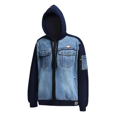 连帽拉链外套牛仔拼卫衣面料夹克