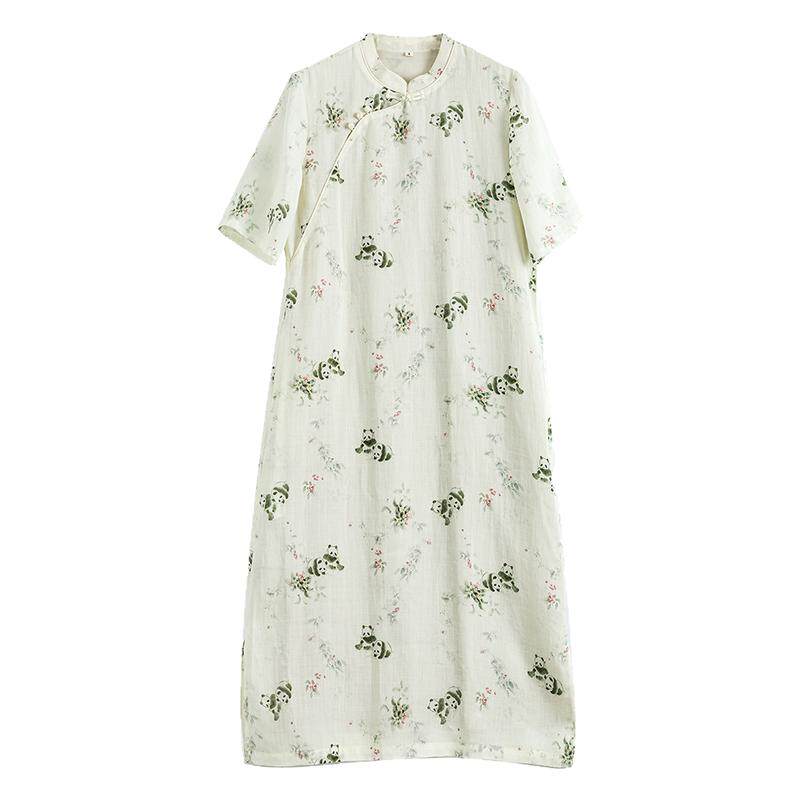 原创新中式改良旗袍女2026春夏季新款碎花苎麻连衣裙开叉盘扣茶服