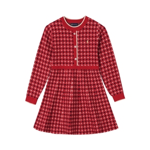 POLOWALK女童长袖连衣裙春季款格纹时尚潮流童装百搭洋气红色裙装