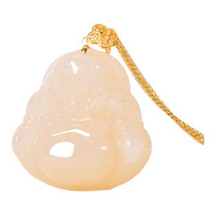 凤飞凰和田玉藕粉佛公吊坠女款18k金镶玉坠天然玉石项链女生玉佩