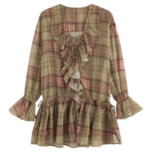 AZure法式复古格纹衬衫连衣裙气质甜美温柔风长裙荷叶边长袖上衣