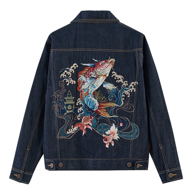 鬼洗翻领刺绣宝石鲤鱼牛仔外套